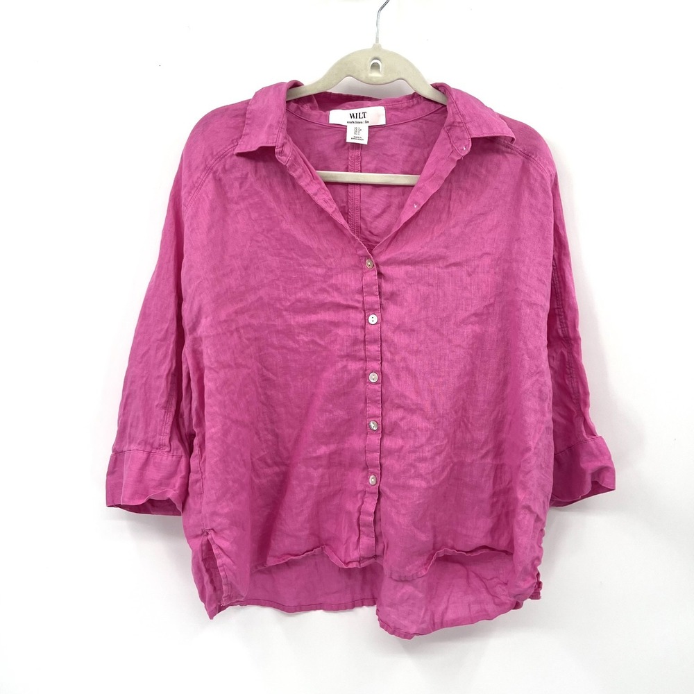 Wilt Pink Long sleeve linen button up top lagenlook coastal preppy boxy shirt S